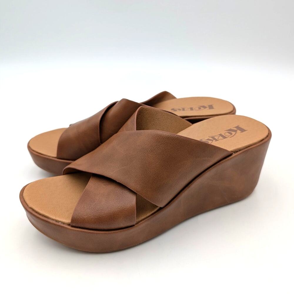 Korks Madera Wedge Sandals Crisscross Strap Women"s Brown Size US7M EU37.5